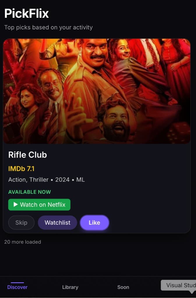 PickFlix mobile app — discovery and recommendations